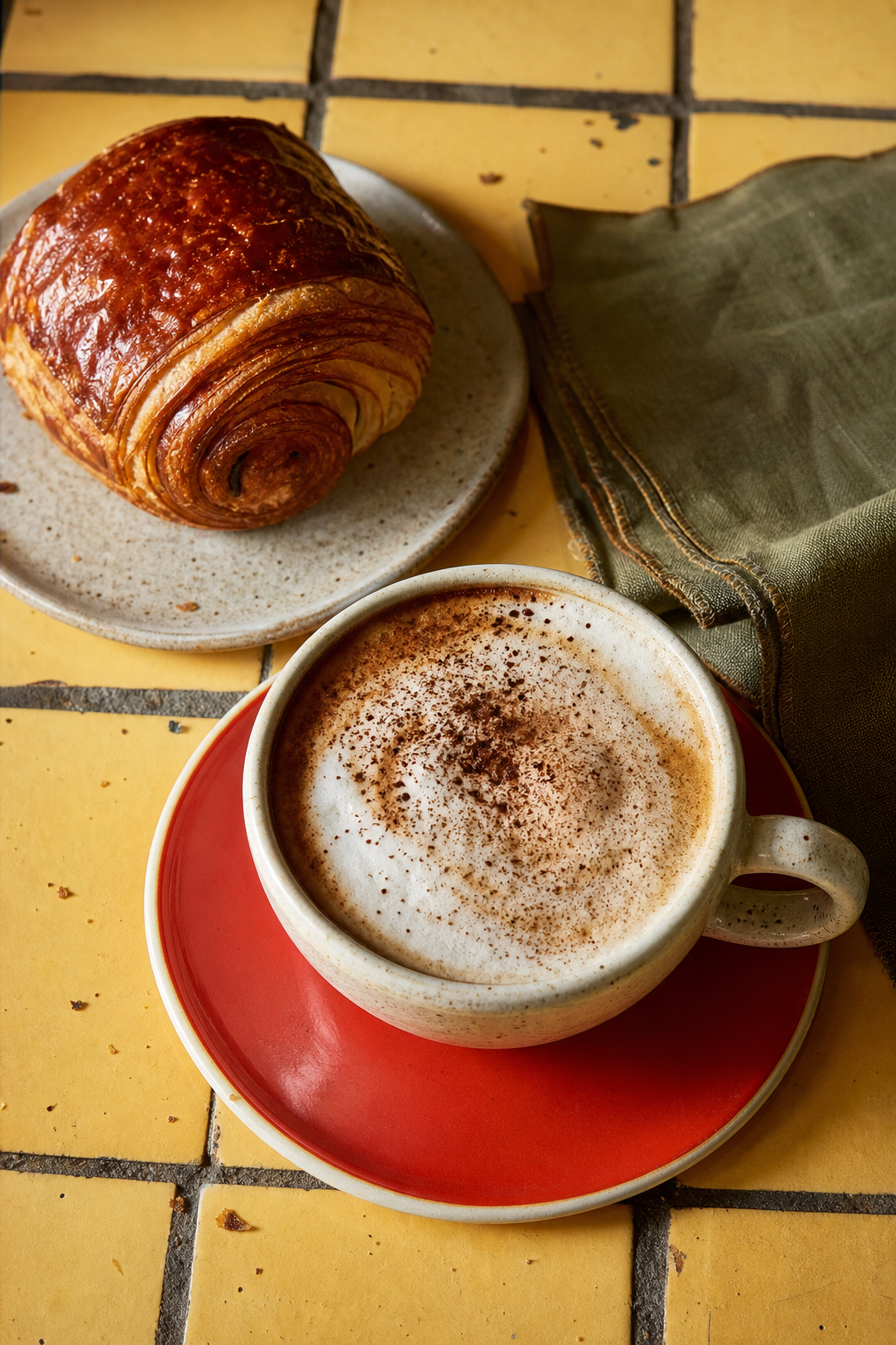 Cappuccino on a red saucer beside a flaky morning bun